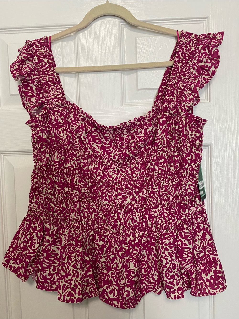 Pink Print Ruffle-Sleeve Smocked Top new w/tags